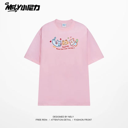 NELY Little Nelly Tide brand cute cat print short-sleeved men and women summer 2025 new loose round neck T-shirt tee