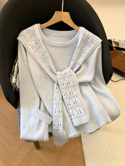 Guangzhou Thirteen Factories High-Quality Hot Item ~ Relaxed and Stylish Shawl Long-Sleeved Knitted Cardigan Two-Piece Set for Women in Autumn