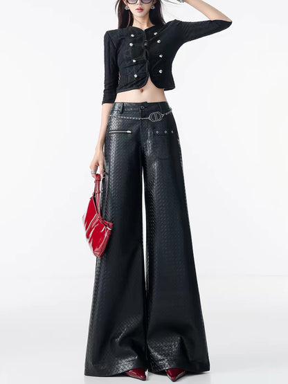 ABWLR Dark Fusion – Original Retro Wide-Leg Floor-Length Trousers: Glossy Finish with Subtle Pattern, Zipper Detail, and Drapey Fit.