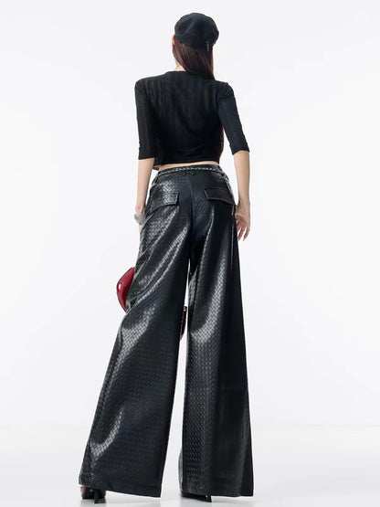ABWLR Dark Fusion – Original Retro Wide-Leg Floor-Length Trousers: Glossy Finish with Subtle Pattern, Zipper Detail, and Drapey Fit.