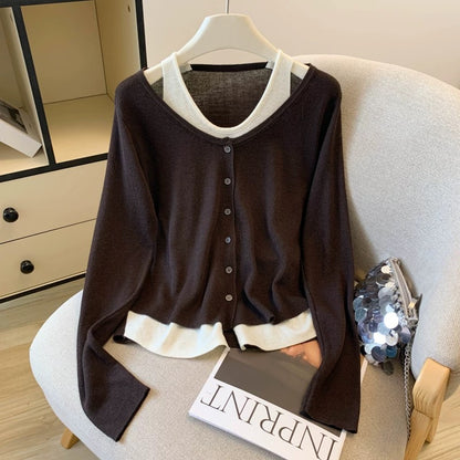A must-have! This color-blocked halter neck faux two-piece knit top is a new autumn style for women, featuring a youthful and slimming design.