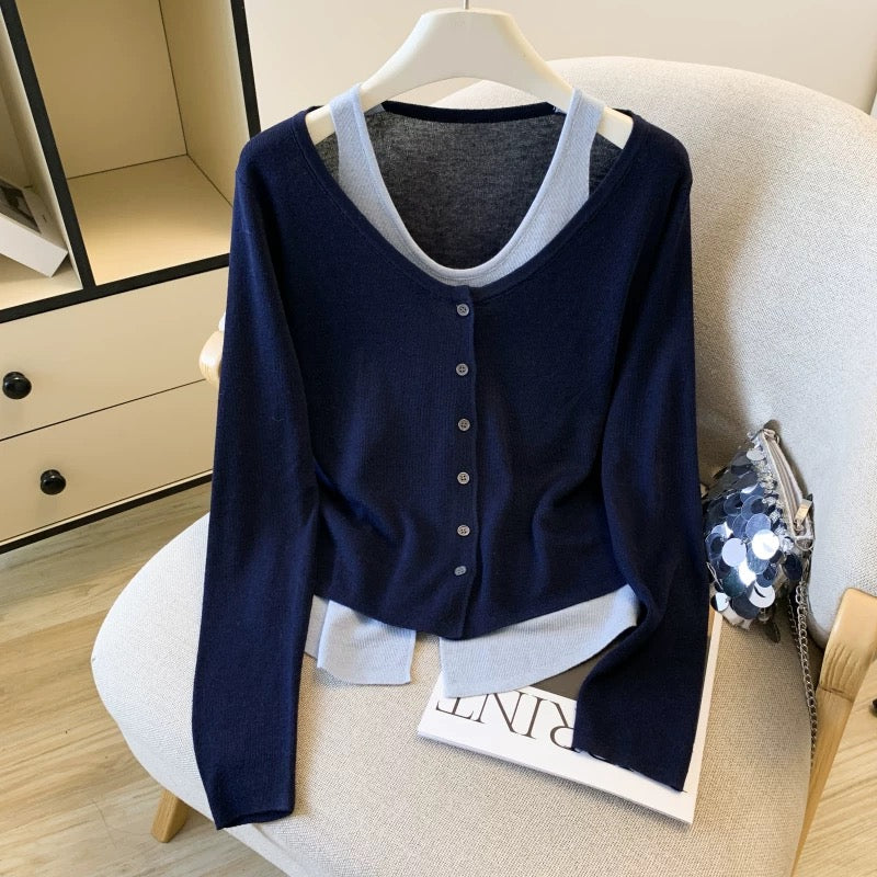 A must-have! This color-blocked halter neck faux two-piece knit top is a new autumn style for women, featuring a youthful and slimming design.