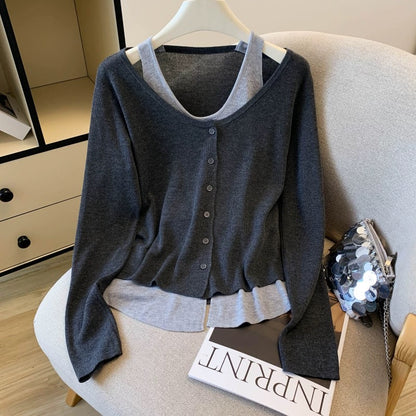 A must-have! This color-blocked halter neck faux two-piece knit top is a new autumn style for women, featuring a youthful and slimming design.