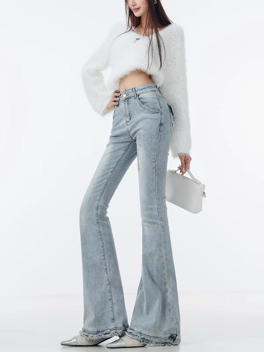 ABWLR Supermodel-Style Jeans – Original "Sweet-Cool" Style Slim-Fit Flared Jeans featuring Frayed Hems and Cross Rhinestone Details.