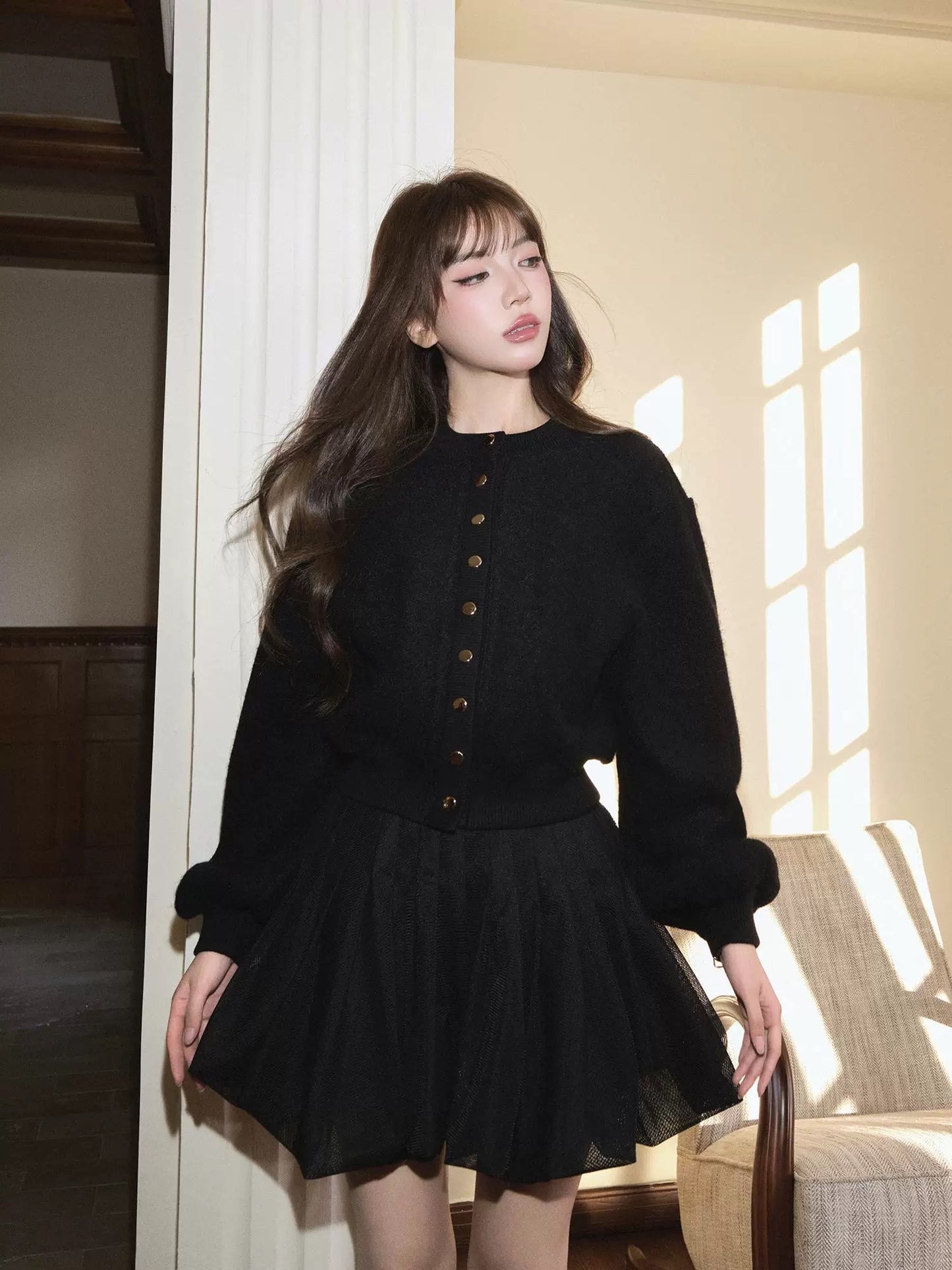 avenement/single-breasted lantern sleeve soft waxy wool round neck knitted short coat cardigan top women's autumn and winter