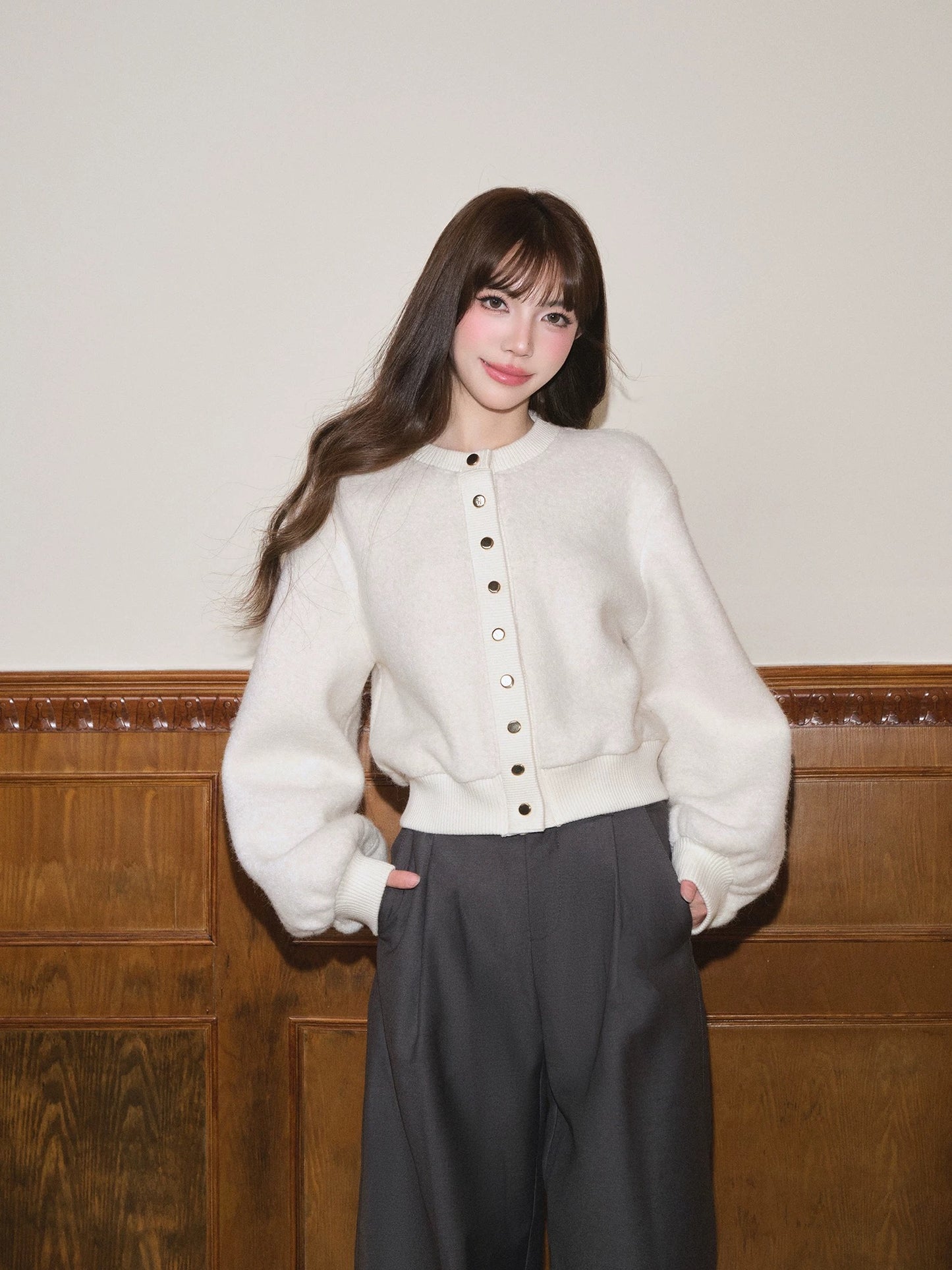 avenement/single-breasted lantern sleeve soft waxy wool round neck knitted short coat cardigan top women's autumn and winter