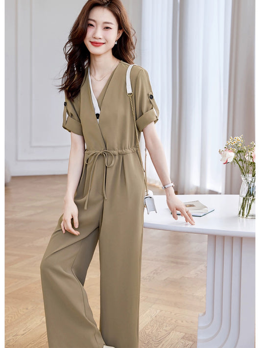 Mohan Yimei Simple Commuting Jumpsuit 23 New Summer Style Versatile Waist Cinch Contrast Color Blocking Jumpsuit Women