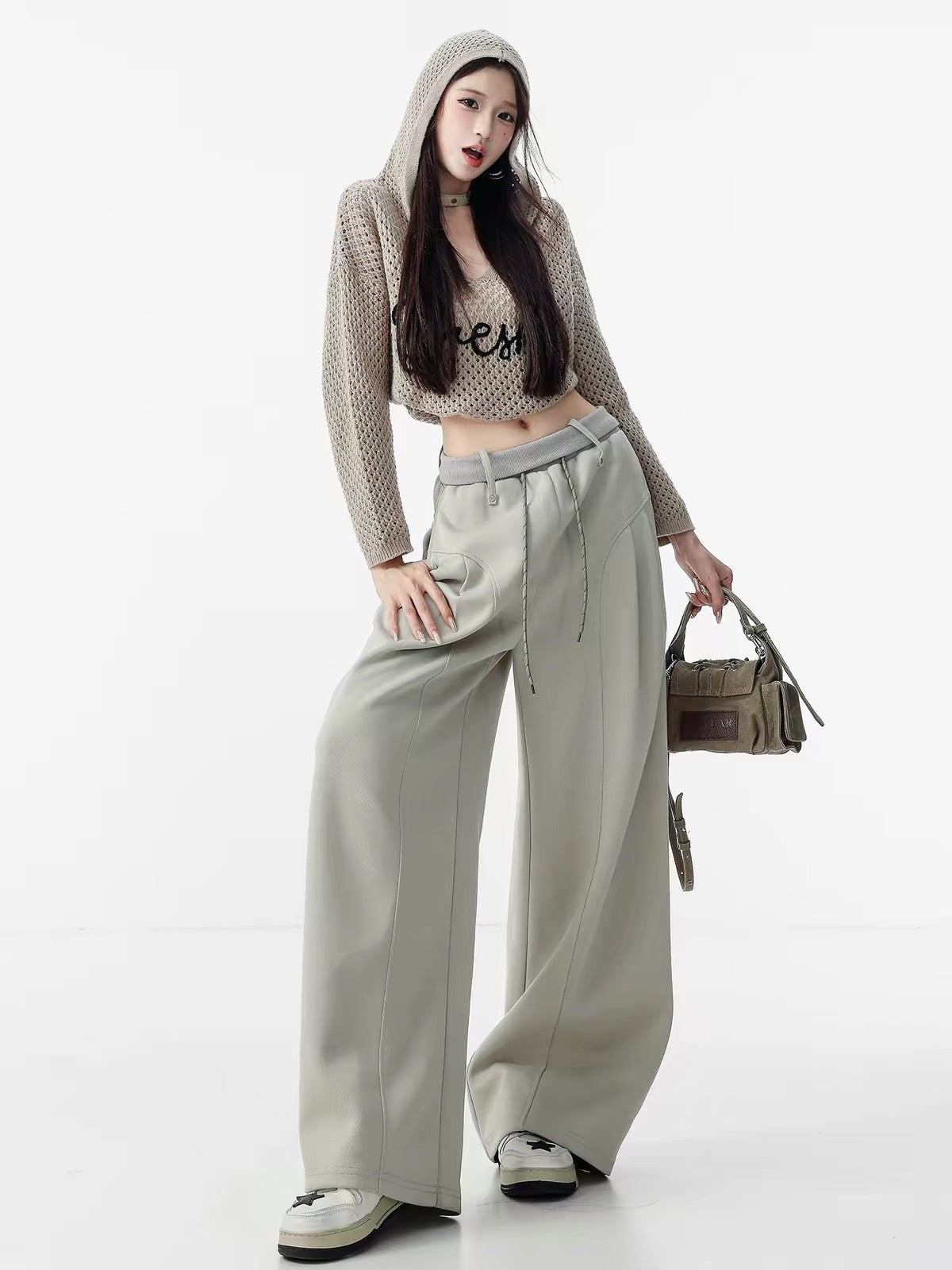 ABWLR Soft & Skin-Friendly – Original American-Style Color-Block Waistband Wide-Leg Sweatpants with Drawstring & Floor-Length Cut