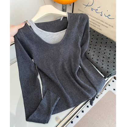 A must-have! This Korean-style striped patchwork faux two-piece knit top is a new autumn style for women, exuding a sophisticated and slimming feel.