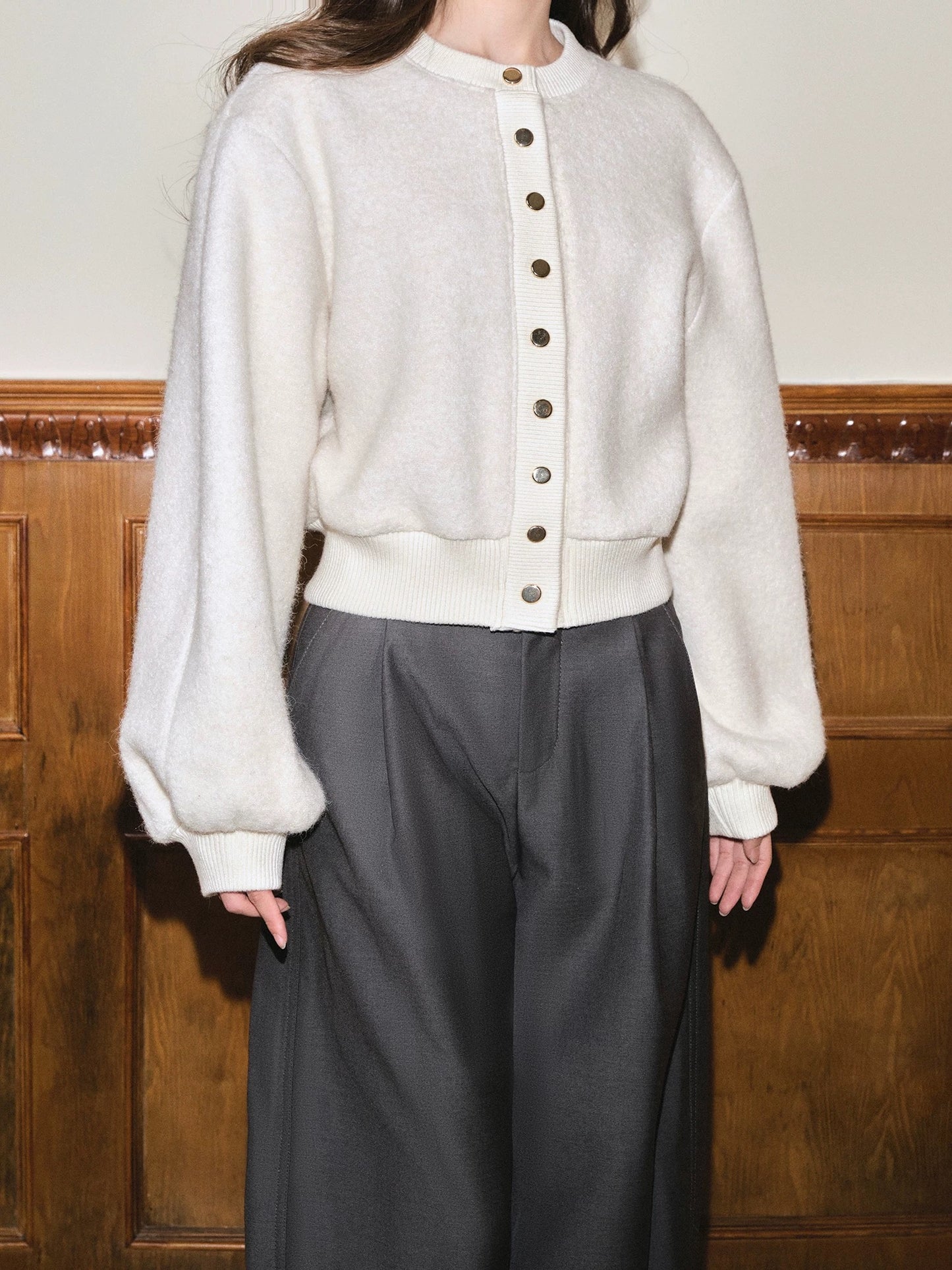 avenement/single-breasted lantern sleeve soft waxy wool round neck knitted short coat cardigan top women's autumn and winter