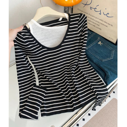 A must-have! This Korean-style striped patchwork faux two-piece knit top is a new autumn style for women, exuding a sophisticated and slimming feel.