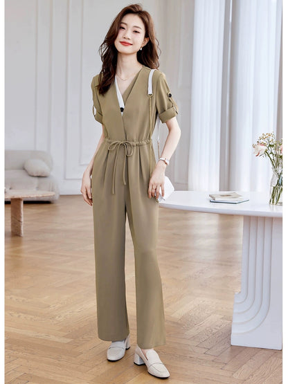 Mohan Yimei Simple Commuting Jumpsuit 23 New Summer Style Versatile Waist Cinch Contrast Color Blocking Jumpsuit Women