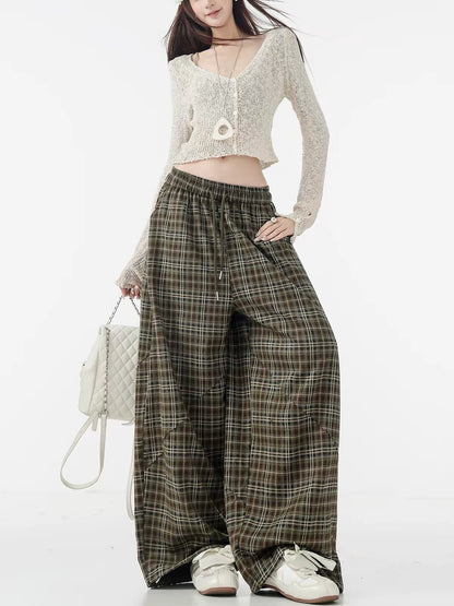 ABWLR "Lazy Moments" – Original "Maillard-style" wool-blend plaid wide-leg trousers with a curved cut; versatile, slimming, and casual.