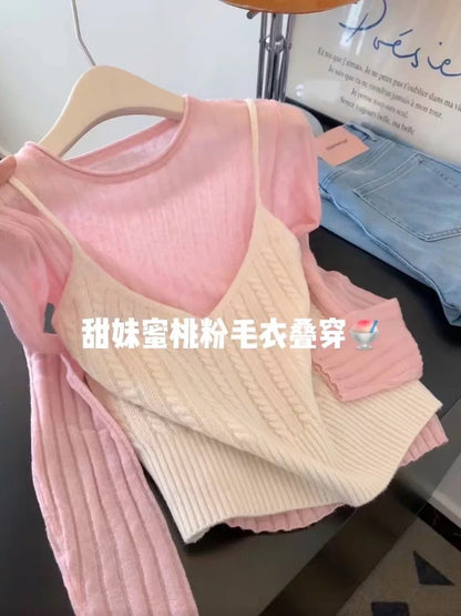 A must-have for me! This Korean-style chic pink long-sleeved knit top and V-neck camisole set is perfect for an early autumn look.