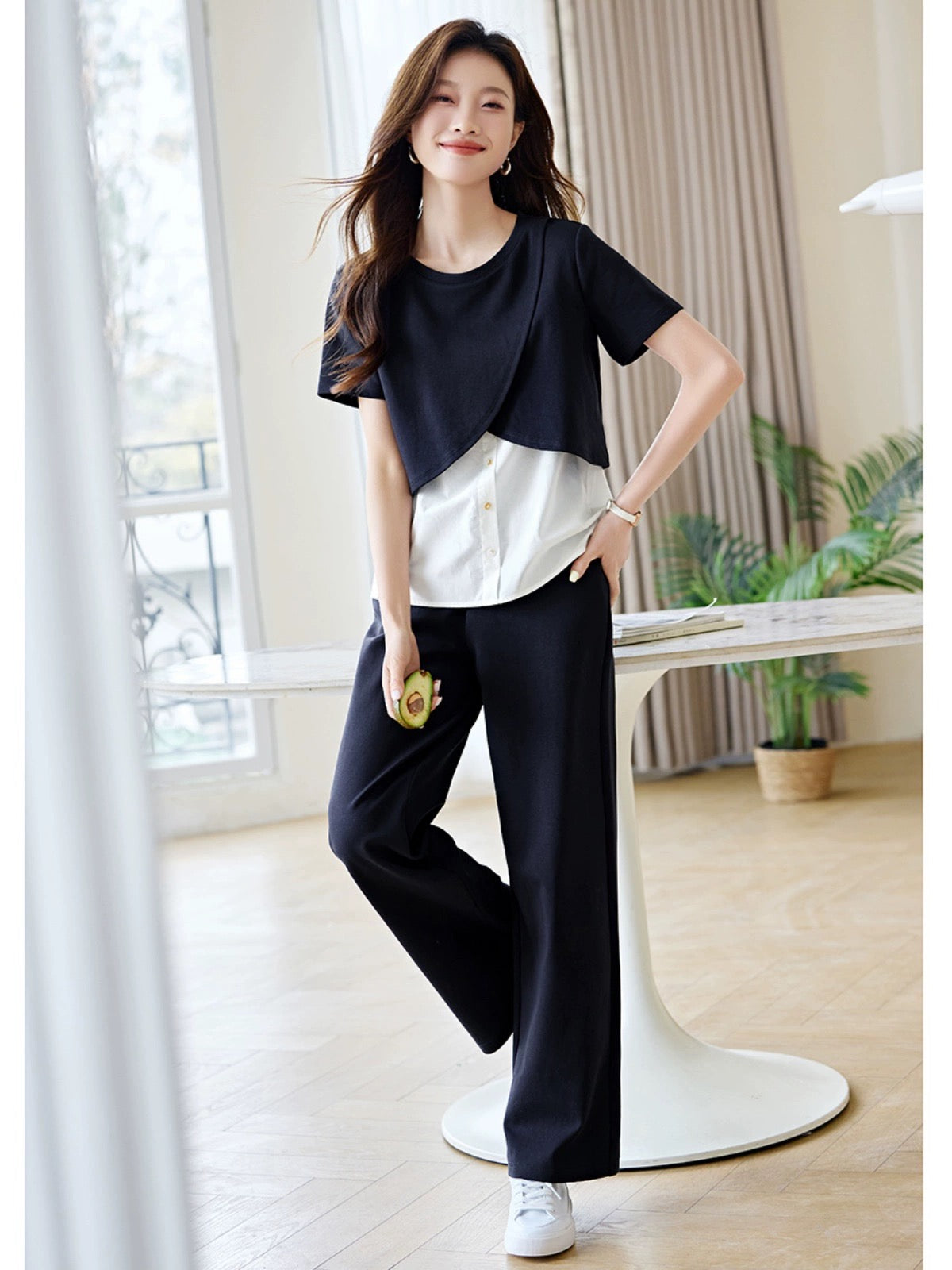 Mohan Yimei casual and fashionable fake two-piece contrasting color splicing suit 2024 summer new deconstructed split suit