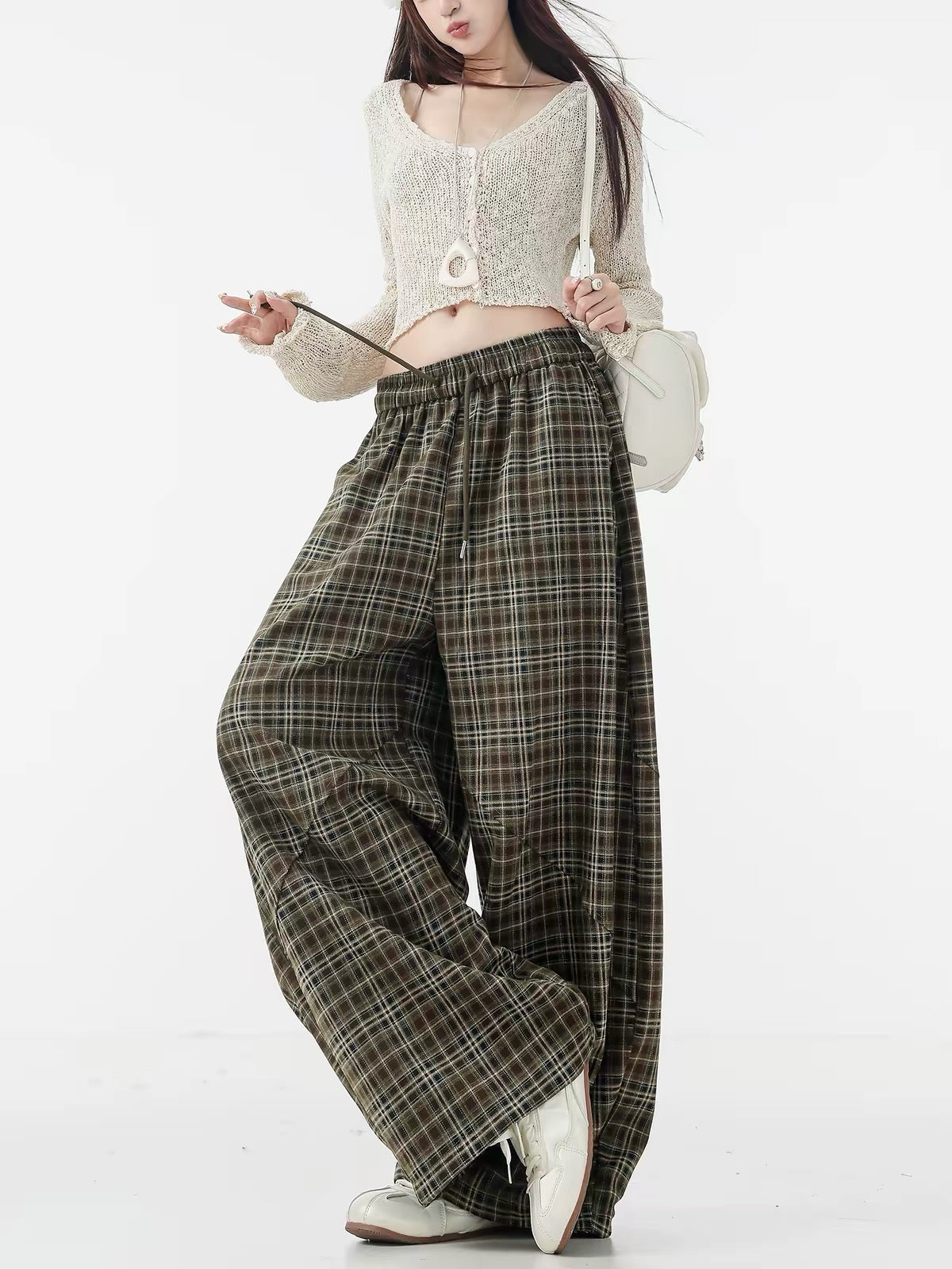 ABWLR "Lazy Moments" – Original "Maillard-style" wool-blend plaid wide-leg trousers with a curved cut; versatile, slimming, and casual.
