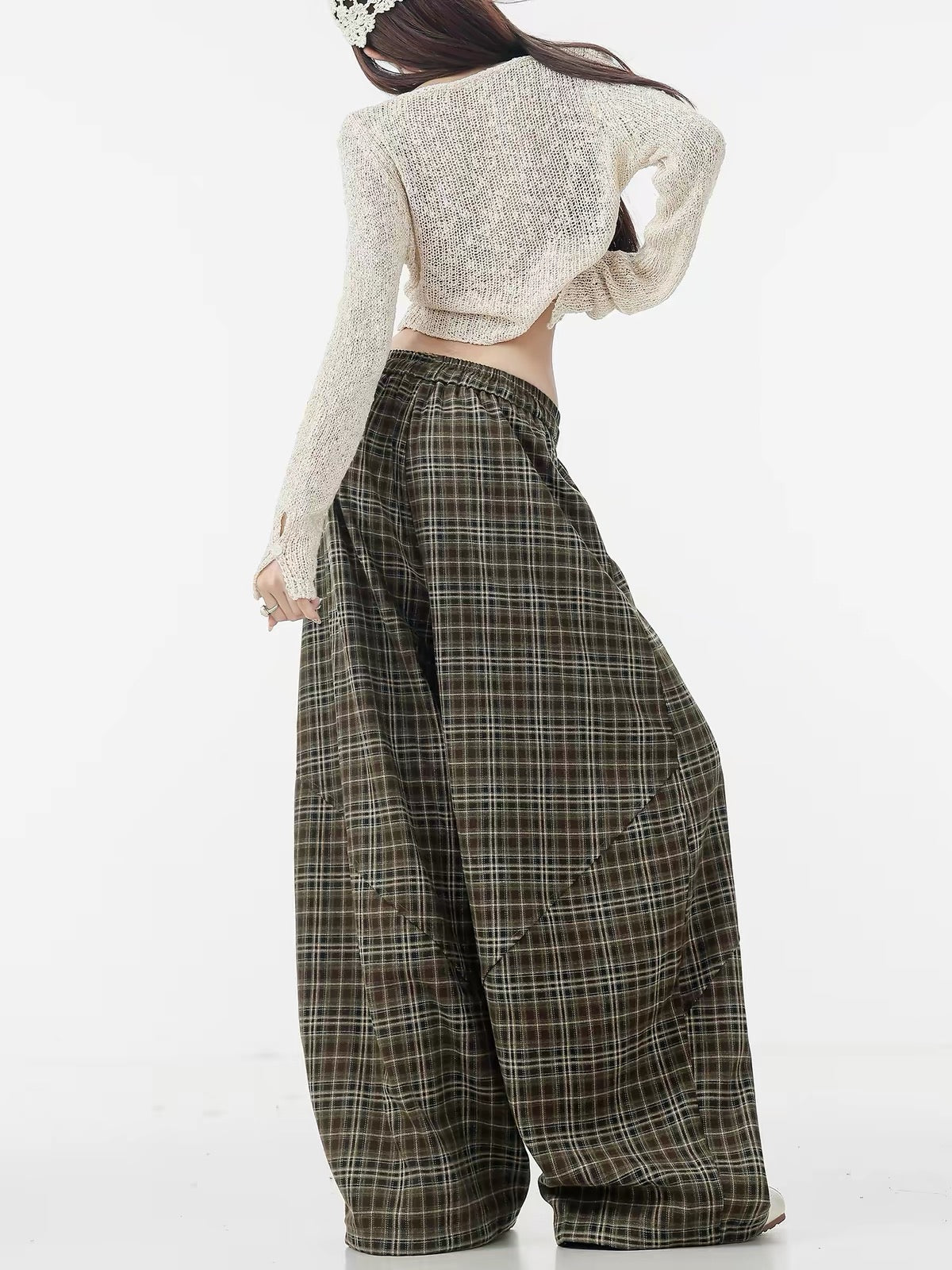 ABWLR "Lazy Moments" – Original "Maillard-style" wool-blend plaid wide-leg trousers with a curved cut; versatile, slimming, and casual.
