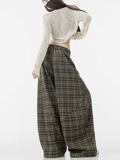 ABWLR "Lazy Moments" – Original "Maillard-style" wool-blend plaid wide-leg trousers with a curved cut; versatile, slimming, and casual.