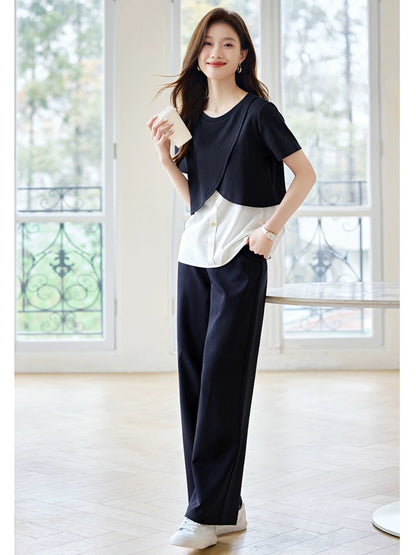 Mohan Yimei casual and fashionable fake two-piece contrasting color splicing suit 2024 summer new deconstructed split suit