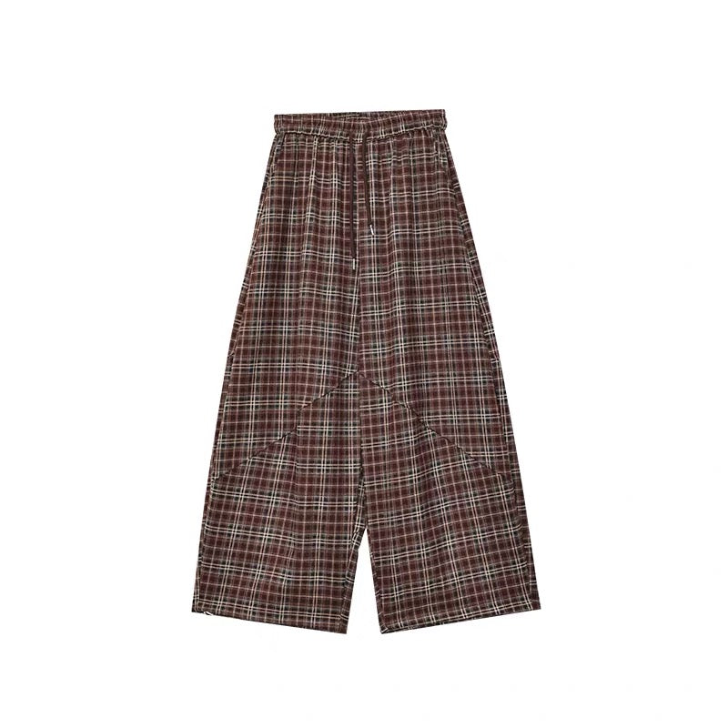 ABWLR "Lazy Moments" – Original "Maillard-style" wool-blend plaid wide-leg trousers with a curved cut; versatile, slimming, and casual.