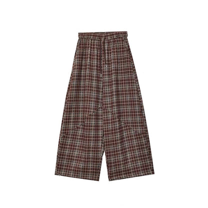 ABWLR "Lazy Moments" – Original "Maillard-style" wool-blend plaid wide-leg trousers with a curved cut; versatile, slimming, and casual.