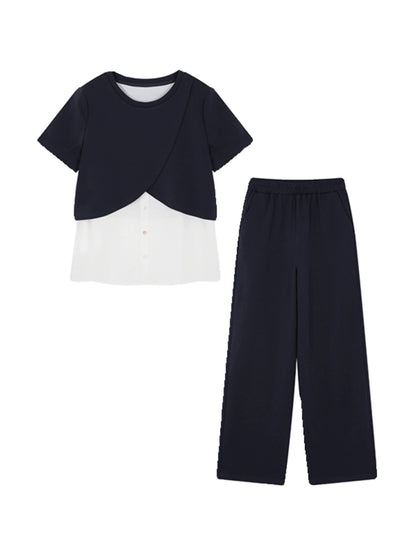 Mohan Yimei casual and fashionable fake two-piece contrasting color splicing suit 2024 summer new deconstructed split suit