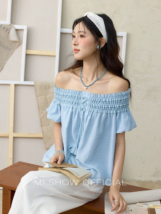 MISHOW Misty Blue Off-Shoulder Top for Women, Elasticated Gathered Puff Sleeves, Slim Fit, Cotton Blend Top