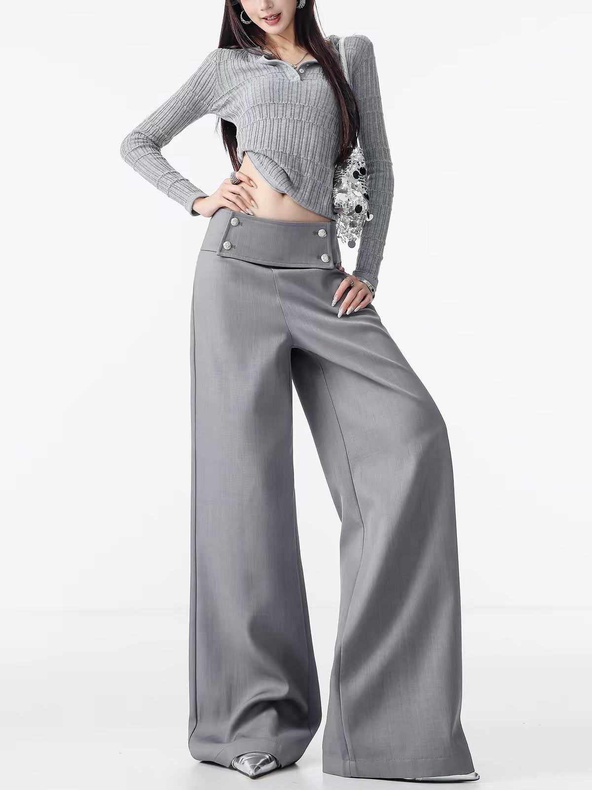 ABWLR Classic Era – Original Grey Double-Breasted Suit Trousers: Wide-Leg, Straight-Cut, Drapey Tailored Pants for Women