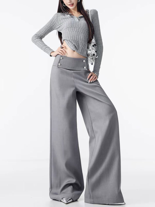 ABWLR Classic Era – Original Grey Double-Breasted Suit Trousers: Wide-Leg, Straight-Cut, Drapey Tailored Pants for Women
