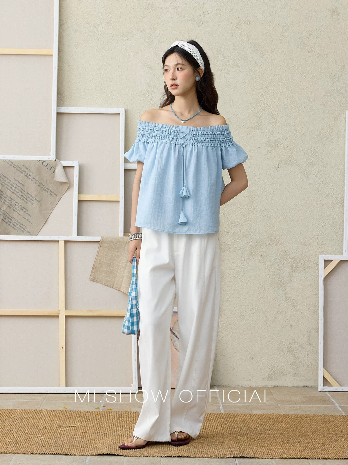 MISHOW Misty Blue Off-Shoulder Top for Women, Elasticated Gathered Puff Sleeves, Slim Fit, Cotton Blend Top