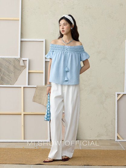 MISHOW Misty Blue Off-Shoulder Top for Women, Elasticated Gathered Puff Sleeves, Slim Fit, Cotton Blend Top