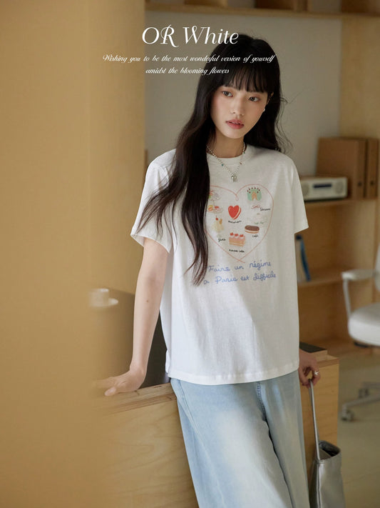 [Limited Time Offer: 60% Off] Retro Dessert Print White T-Shirt for Women, French Style, Versatile Short-Sleeve