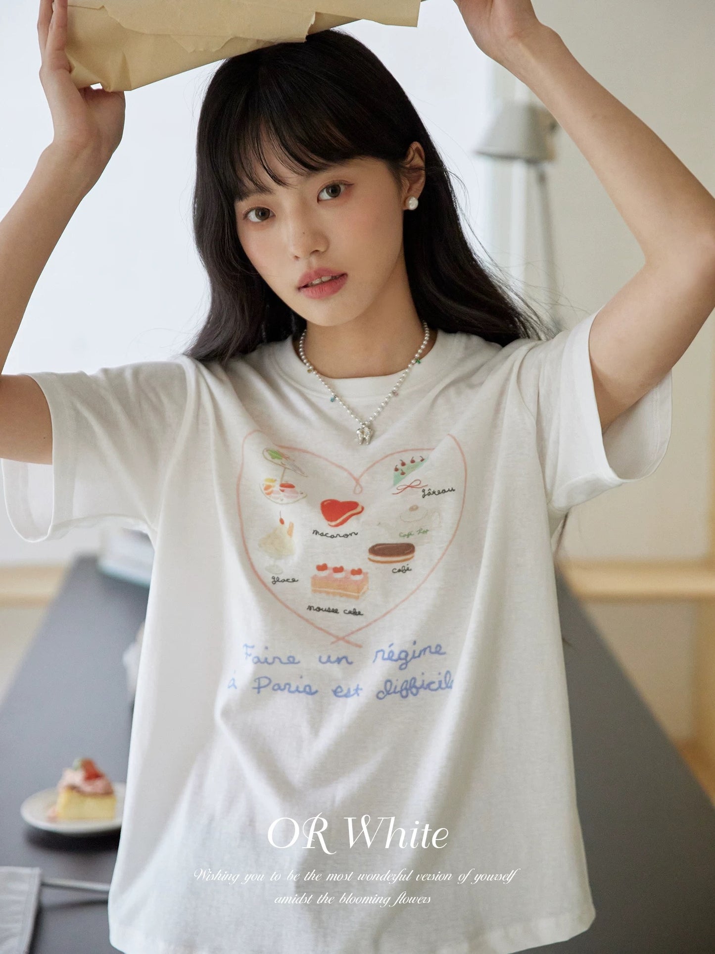 [Limited Time Offer: 60% Off] Retro Dessert Print White T-Shirt for Women, French Style, Versatile Short-Sleeve