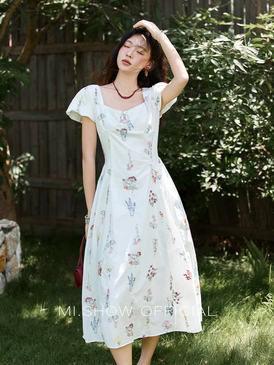 Mixiu White Embroidered Square Neck Puff Sleeve Dress 2025 Summer New French Retro Style Slimming Dress