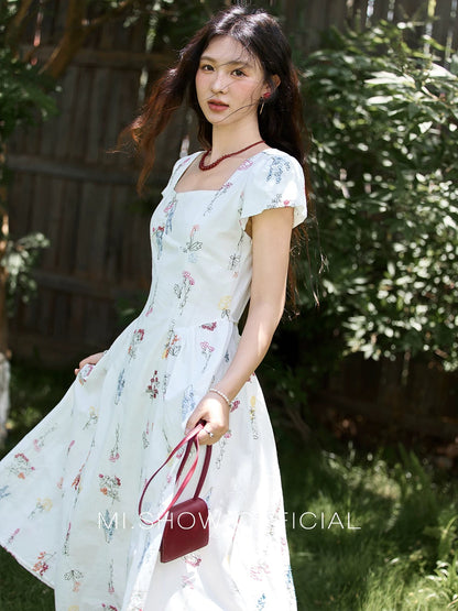 Mixiu White Embroidered Square Neck Puff Sleeve Dress 2025 Summer New French Retro Style Slimming Dress