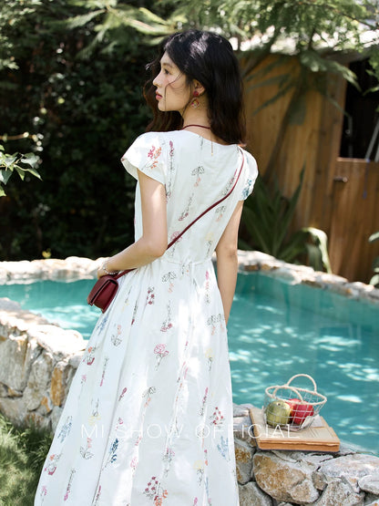 Mixiu White Embroidered Square Neck Puff Sleeve Dress 2025 Summer New French Retro Style Slimming Dress