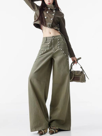ABWLR Napoleon – Original American Millennial-style wide-leg denim cargo pants for women, featuring rivet detailing and a premium aesthetic.