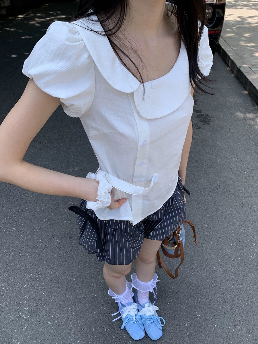 Xinbangbang Homemade Korean Style Asymmetrical Peter Pan Collar Puff Sleeve Slimming Button-Down Shirt Top