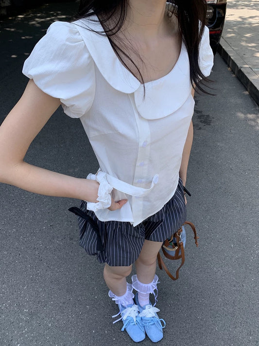 Xinbangbang Homemade Korean Style Asymmetrical Peter Pan Collar Puff Sleeve Slimming Button-Down Shirt Top