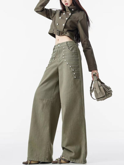 ABWLR Napoleon – Original American Millennial-style wide-leg denim cargo pants for women, featuring rivet detailing and a premium aesthetic.