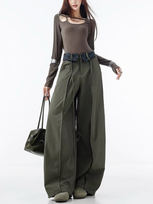 ABWLR Vintage Two-Tone Pleated Wide-Leg Pants – Original Workwear Style; Loose, Drapey, Hip-Flattering, and Slimming Casual Trousers for Women
