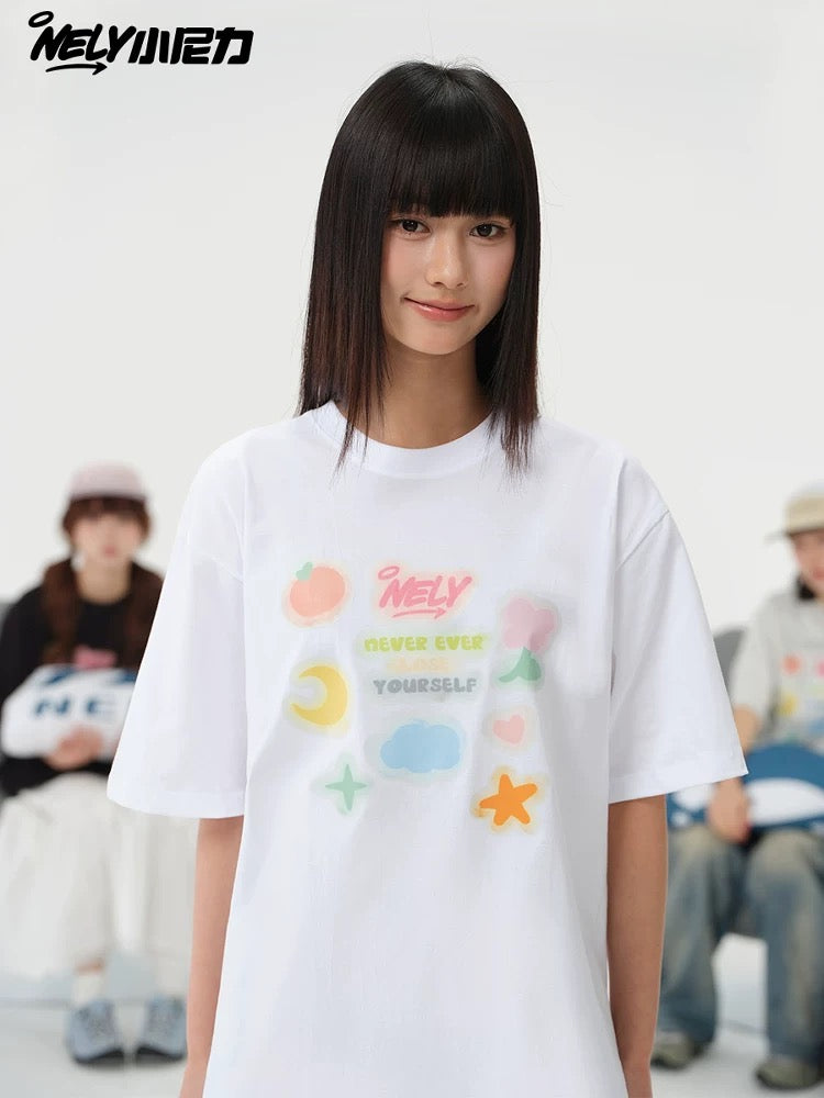 NELY Little Nili National Tide Brand Couple Color Graffiti Cartoon Print Short Sleeve Men and Women 2025 New Summer T-shirt