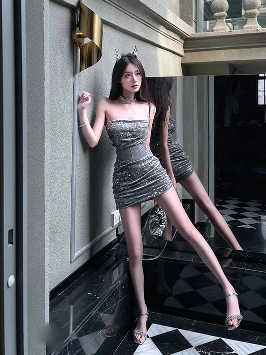 Pure lust sexy sequin glitter tube top dress for women summer high-end waist slimming slim hip short skirt
