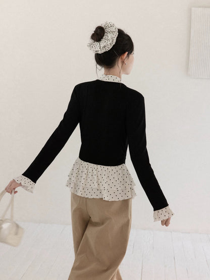 Yangcheng Story Korean Style Polka Dot Slimming Faux Two-Piece Long-Sleeve T-Shirt Women's 2026 Spring Inner Layer Base Top