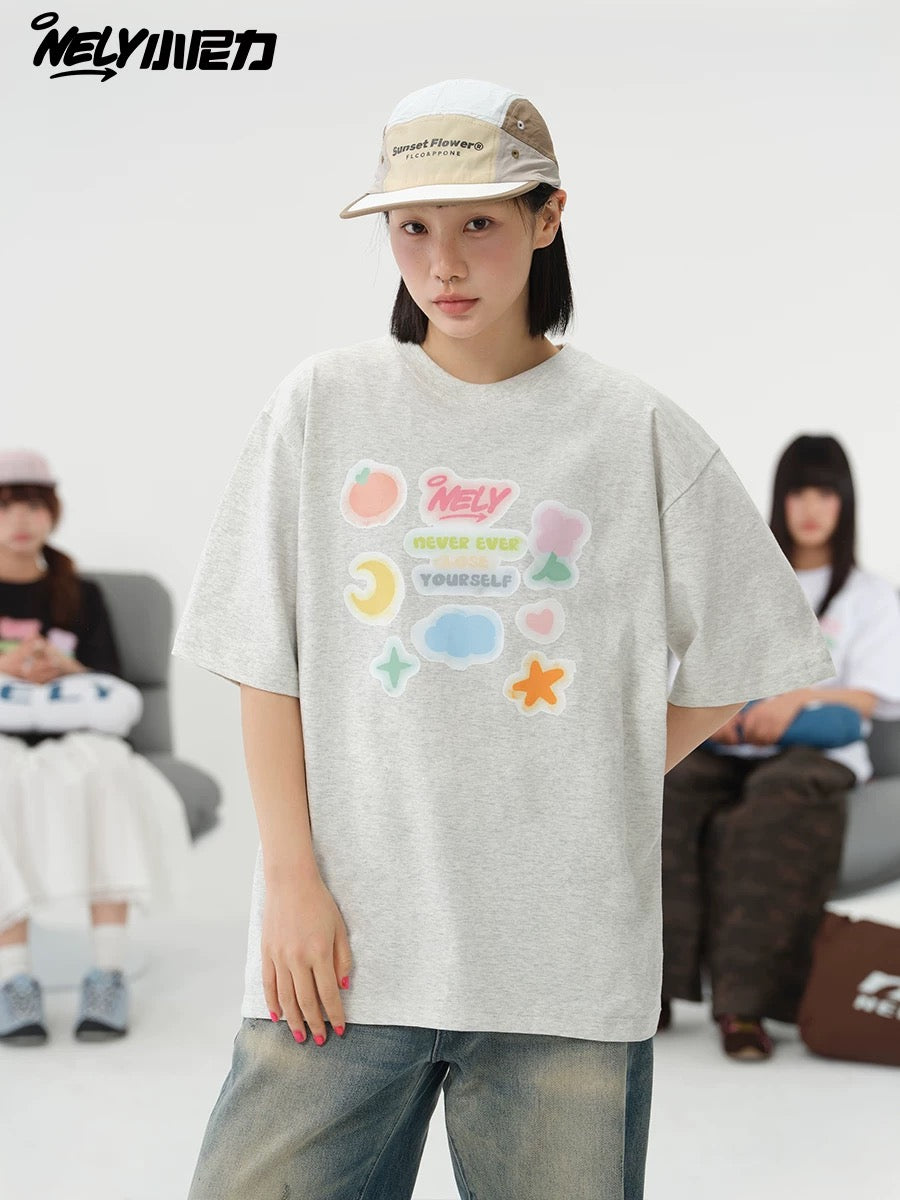 NELY Little Nili National Tide Brand Couple Color Graffiti Cartoon Print Short Sleeve Men and Women 2025 New Summer T-shirt