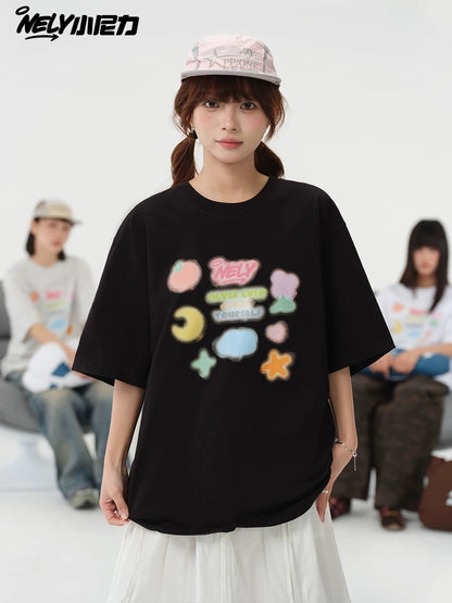 NELY Little Nili National Tide Brand Couple Color Graffiti Cartoon Print Short Sleeve Men and Women 2025 New Summer T-shirt