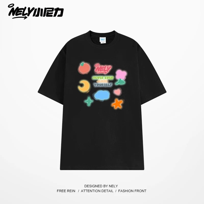 NELY Little Nili National Tide Brand Couple Color Graffiti Cartoon Print Short Sleeve Men and Women 2025 New Summer T-shirt