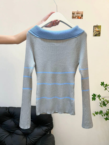 Color-blocked bow tie long-sleeved knit top for women, new autumn style, high-end Korean fashion, perfect for layering.