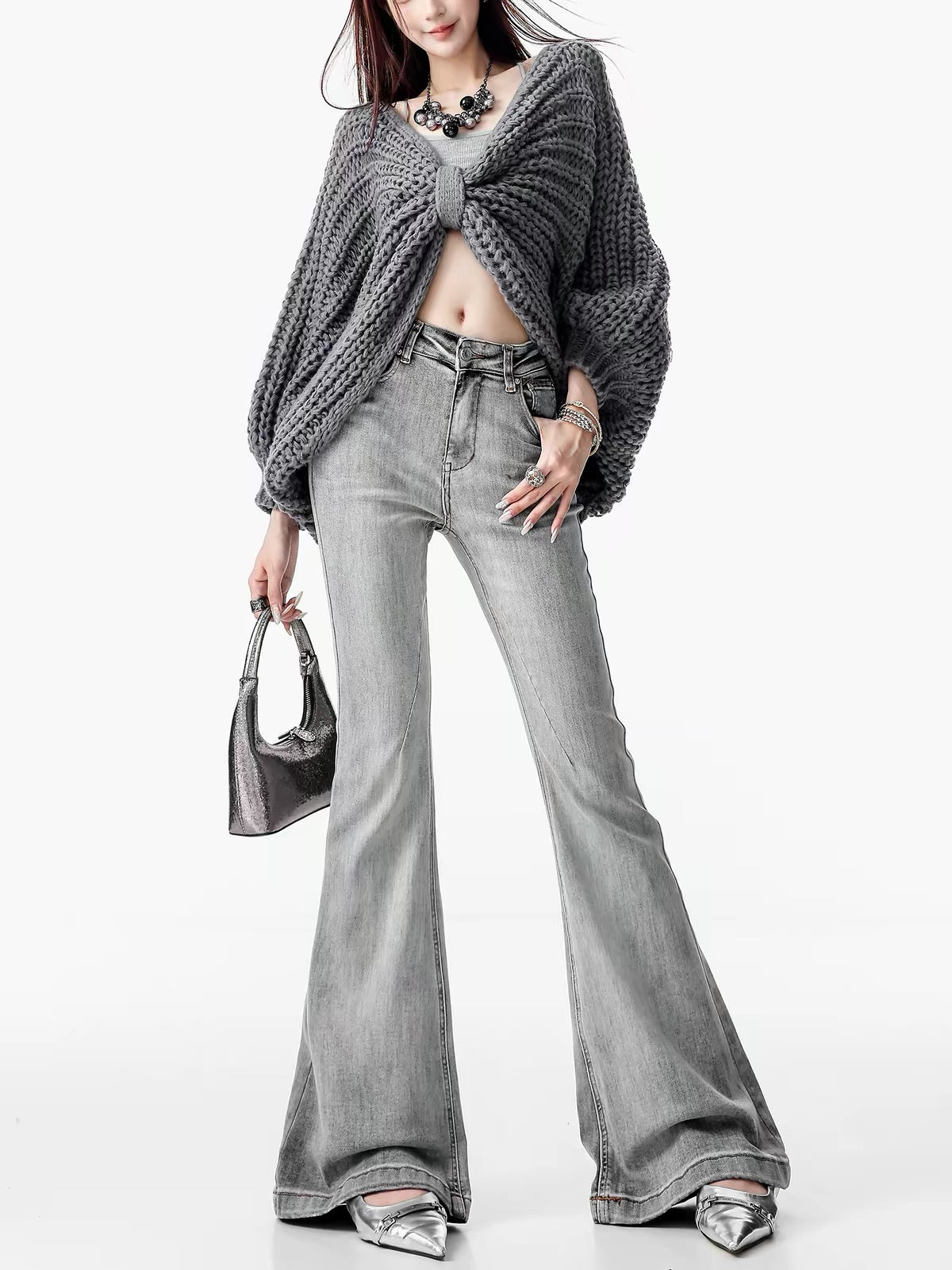 ABWLR "Daytime Fantasy" – Original Autumn/Winter 2026 New Arrival: Women's Grey Flared Jeans (Slimming, Loose-Fit, Subtle Flare)
