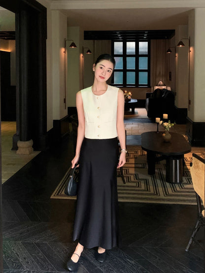 Pusumede Black Satin High-End Midi Skirt for Women, Summer Long Skirt, Elegant and Slimming Fishtail Skirt